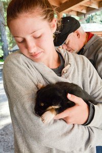 Alaskan Dog Sledding Tour Teen holding a puppy